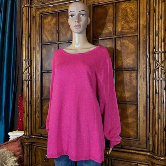 Chico's Pink Sweeping Crew Neck Shimmer Lightweight Sweater - Picture 2 of 14